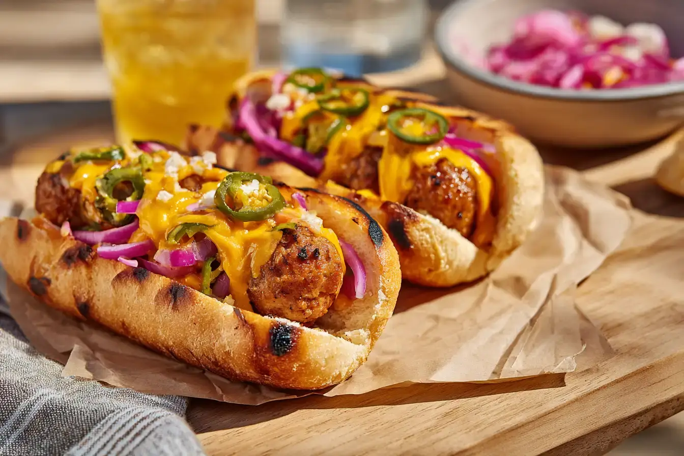 Spicy jalapeno cheddar sausage dogs with mustard and onions