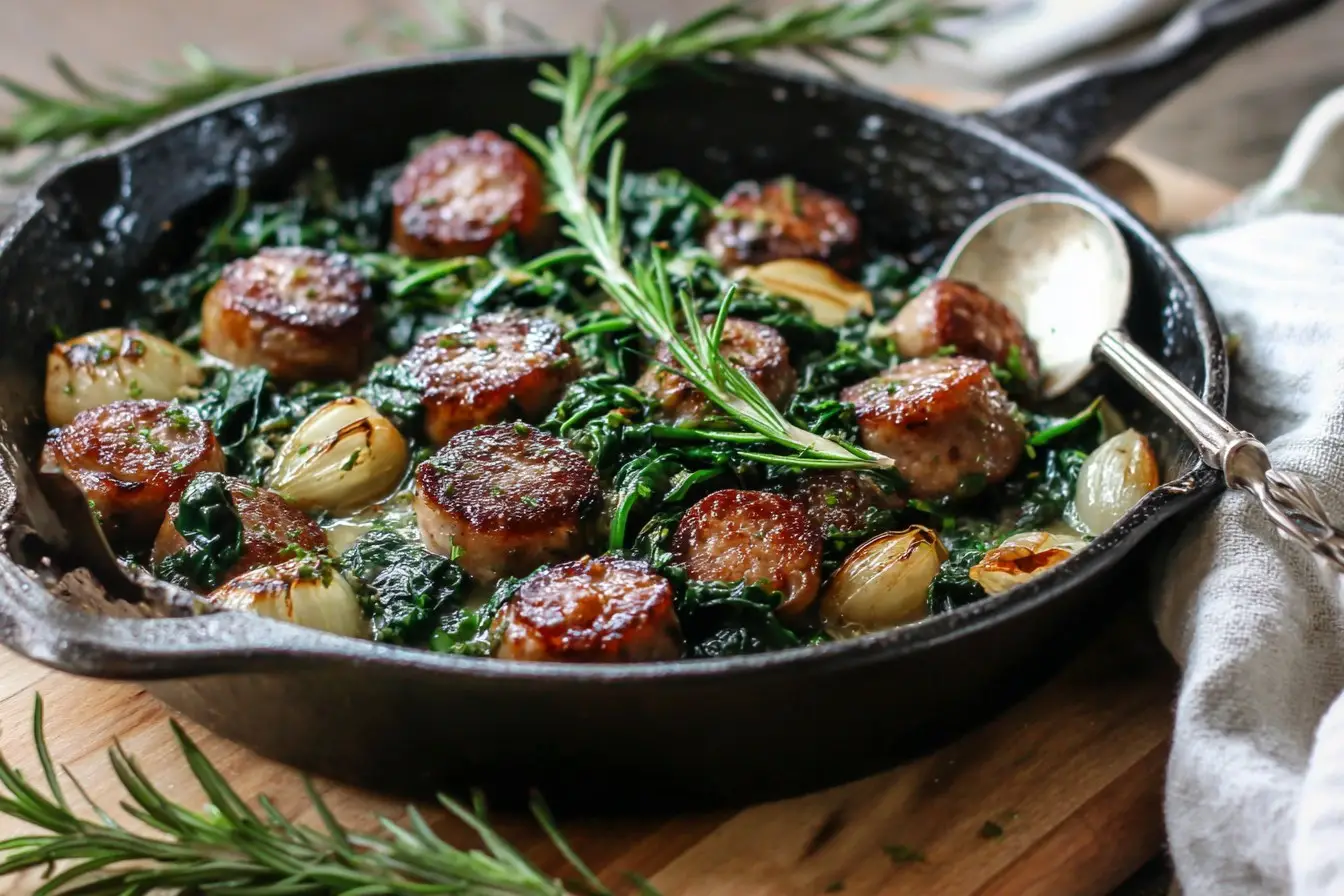 Rosemary and roasted garlic sausage skillet with greens
