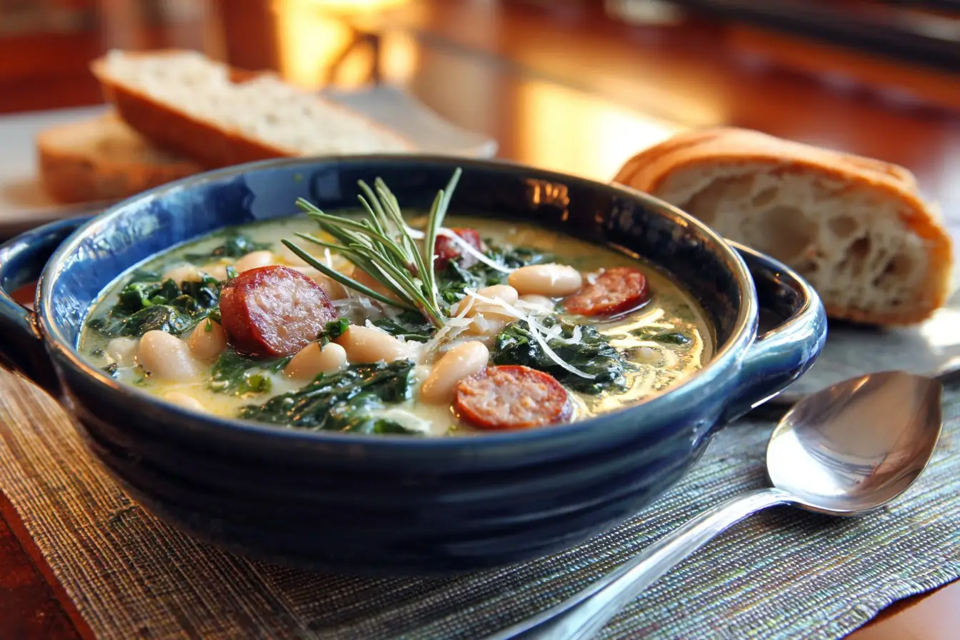 Rosemary sausage and white bean soup in a bowl