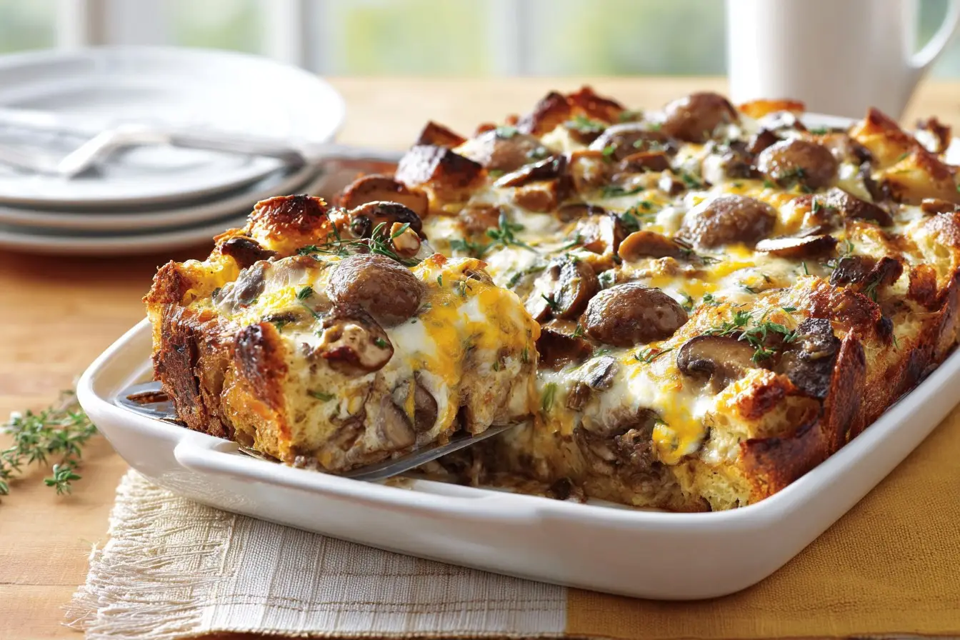 Savory sausage and mushroom breakfast strata casserole