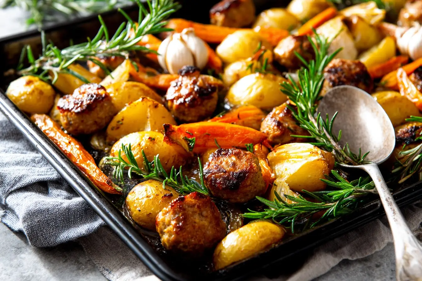 Sheet pan sausage with roasted potatoes and carrots