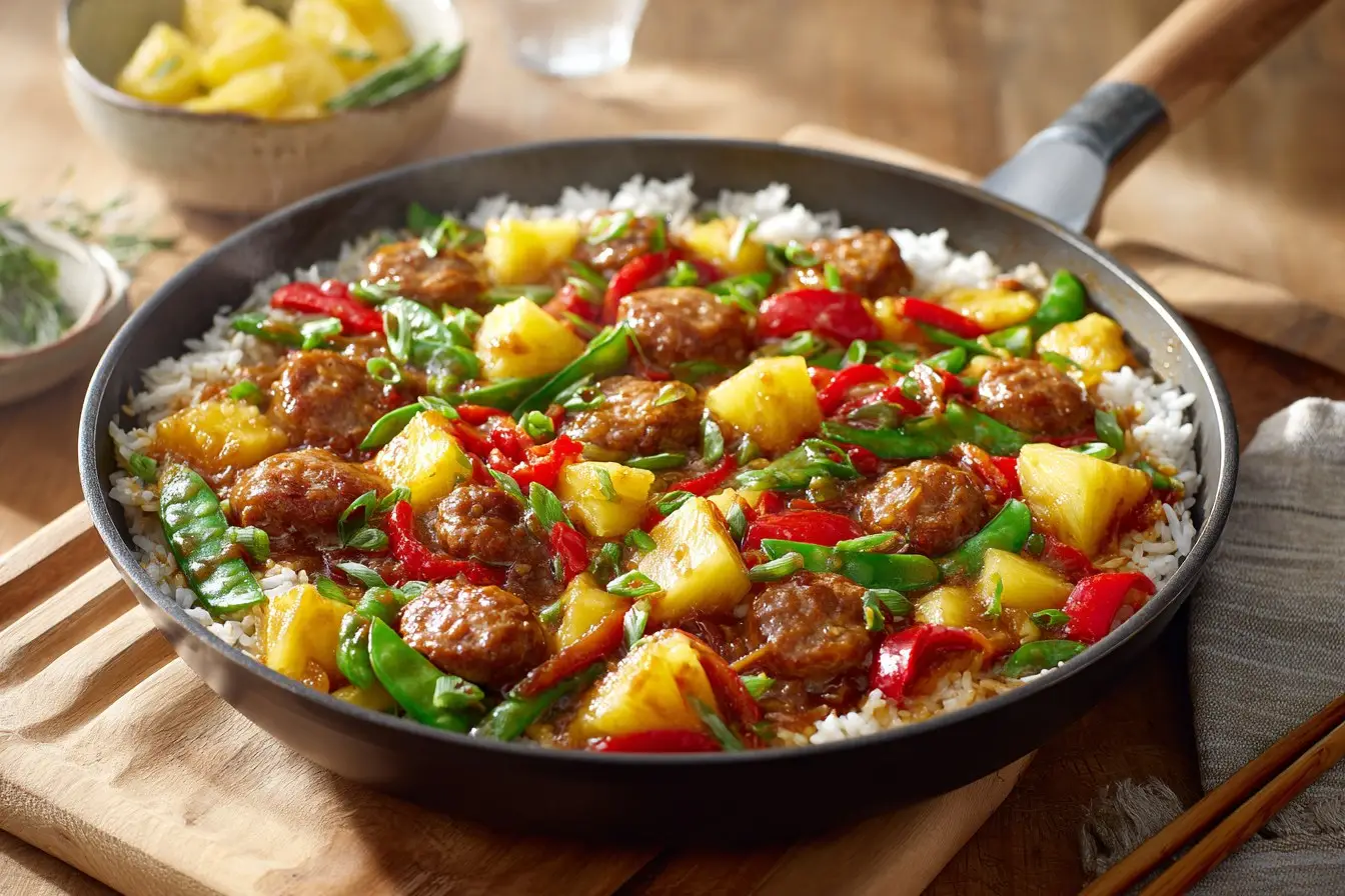 Tropical pineapple pepper jack stir fry with sausage