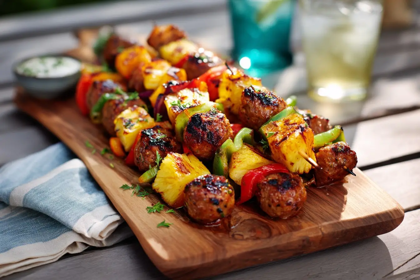 Tropical sausage and pineapple skewers